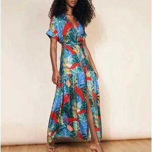 Hutch Rigby Tropical Floral Tie‎ Waist Button Front Maxi Shirt Dress, size S